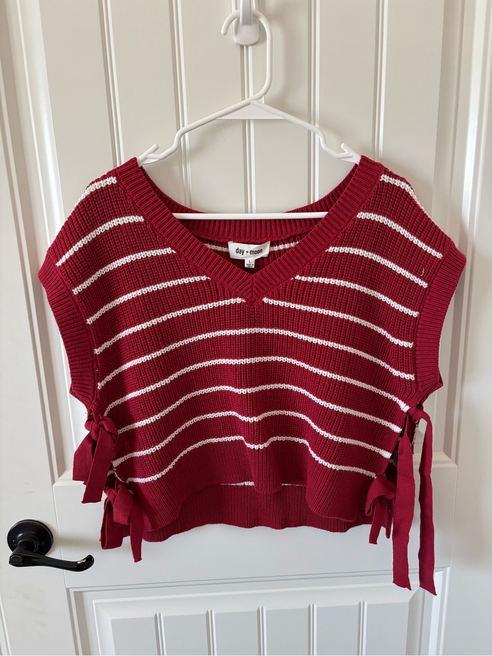 Day + Moon Maroon Striped V‑Neck Sweater Vest with Side Ties